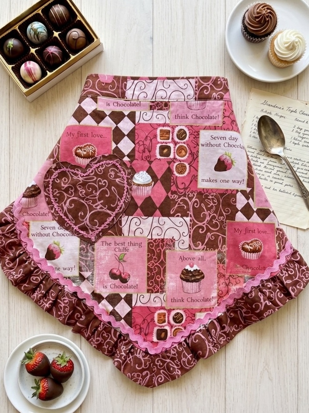 Handmade Tallahassee Summer Chocolate Cupcake Ruffle Half Apron Dollcore Kidcore